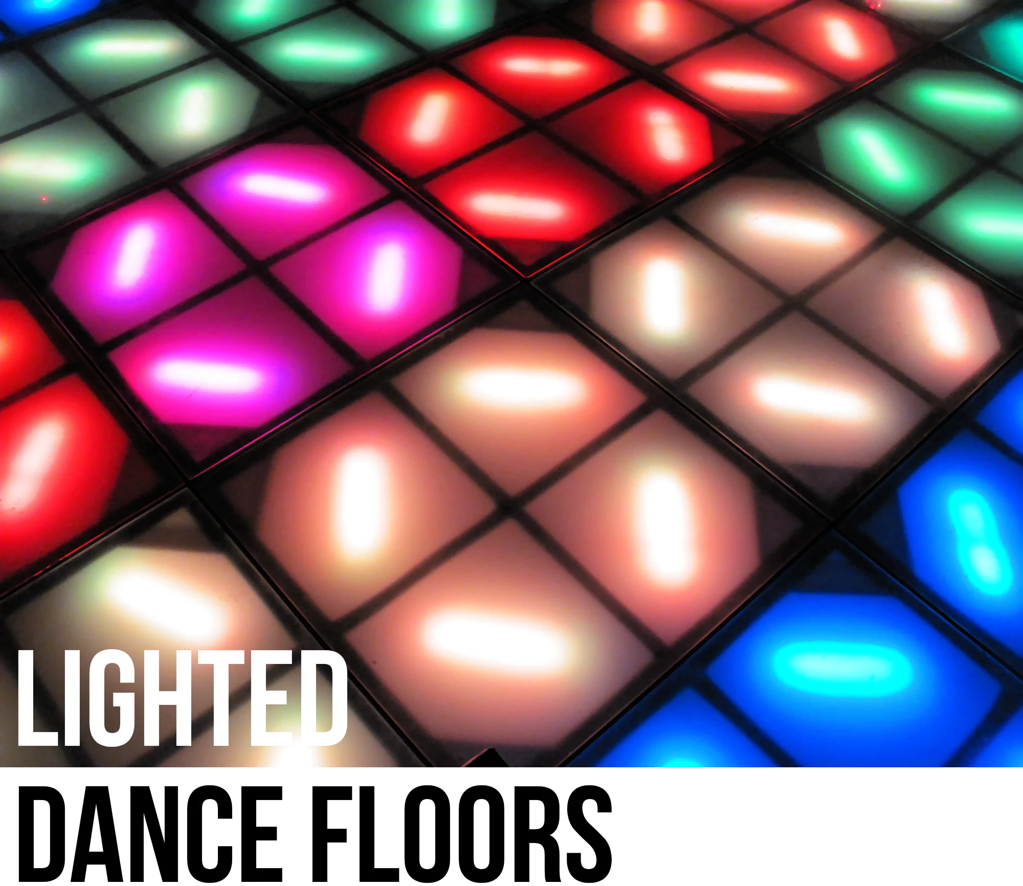 Close up photo of the grid pattern and lights that make up a permanent dance floor.